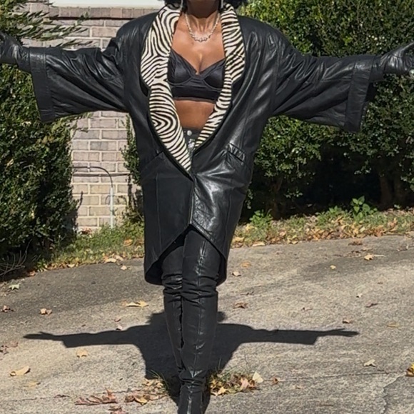 Rare Vtg 80’s Zebra trim Marc Buchanan Tannery West Black Leather Dramatic Coat - Picture 5 of 14